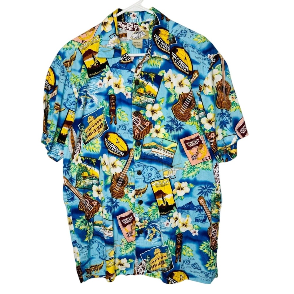 High Surf Hawaiian Button Down Shirt Large Short Sleeve Cotton Ukulele Floral‎